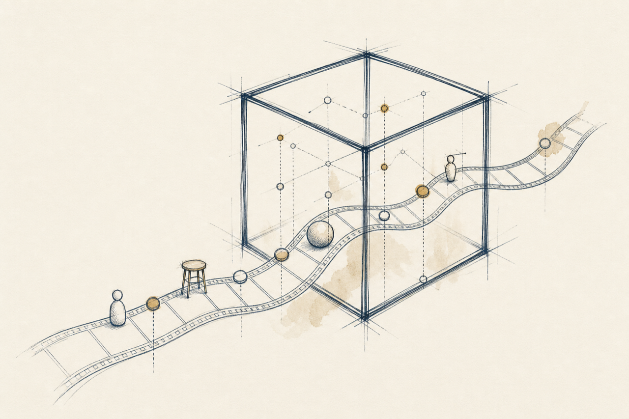 Abstract ink sketch: a film-strip timeline threading through an isometric wireframe world-state cube, with query points and small objects riding along the timeline.